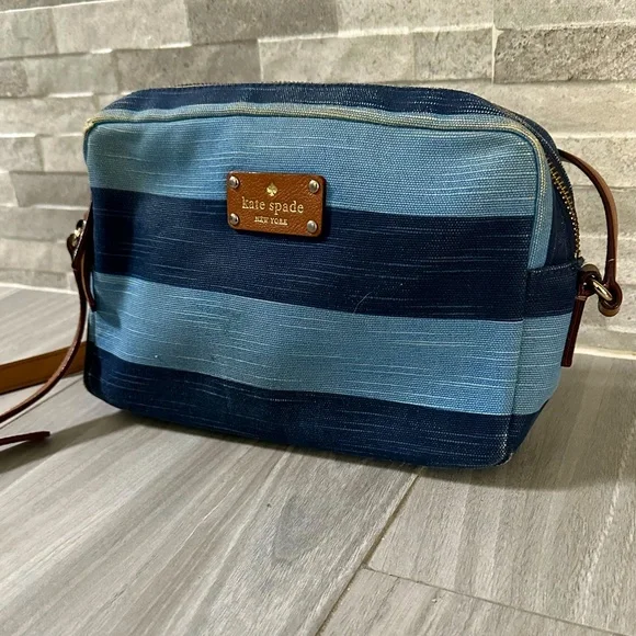 Kate Spade Denim Stripe Crossbody Camera Bag- leather Strap- Blue Brown Gold - Picture 1 of 11
